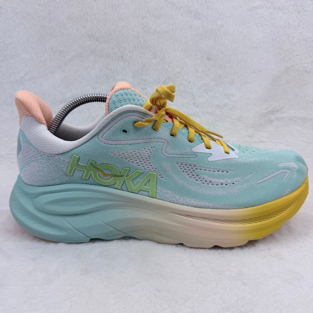 HOKA Clifton 10 Mens Running Shoes Blue Spark Sea Glass Yellow Size 11 Sneakers
